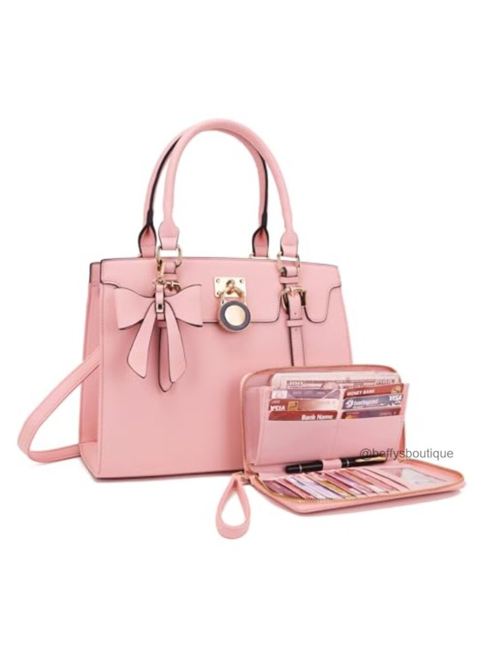 Vegan Leather Satchel Tote Shoulder Bag Purse Wallet Set Top Handle